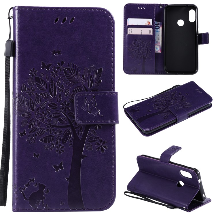 Imprint Cat and Tree Card Holder Leather Cell Phone Cover for Xiaomi Mi A2 Lite / Redmi 6 Pro (China) - Dark Purple-1
