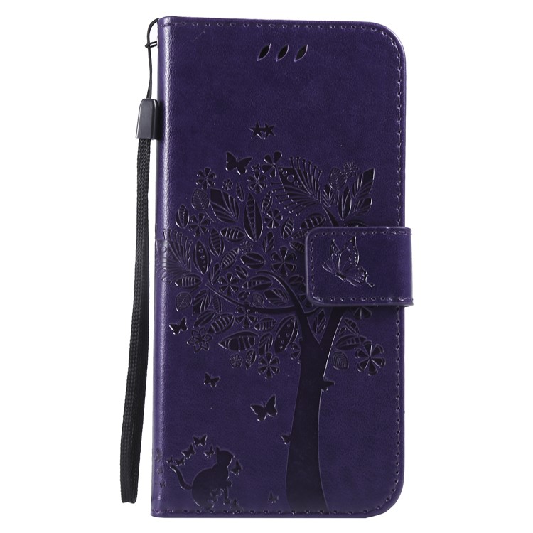 Imprint Cat and Tree Card Holder Leather Cell Phone Cover for Xiaomi Mi A2 Lite / Redmi 6 Pro (China) - Dark Purple-2