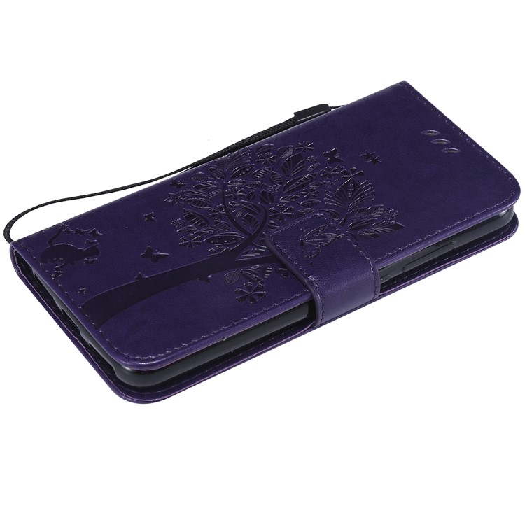 Imprint Cat and Tree Card Holder Leather Cell Phone Cover for Xiaomi Mi A2 Lite / Redmi 6 Pro (China) - Dark Purple-5