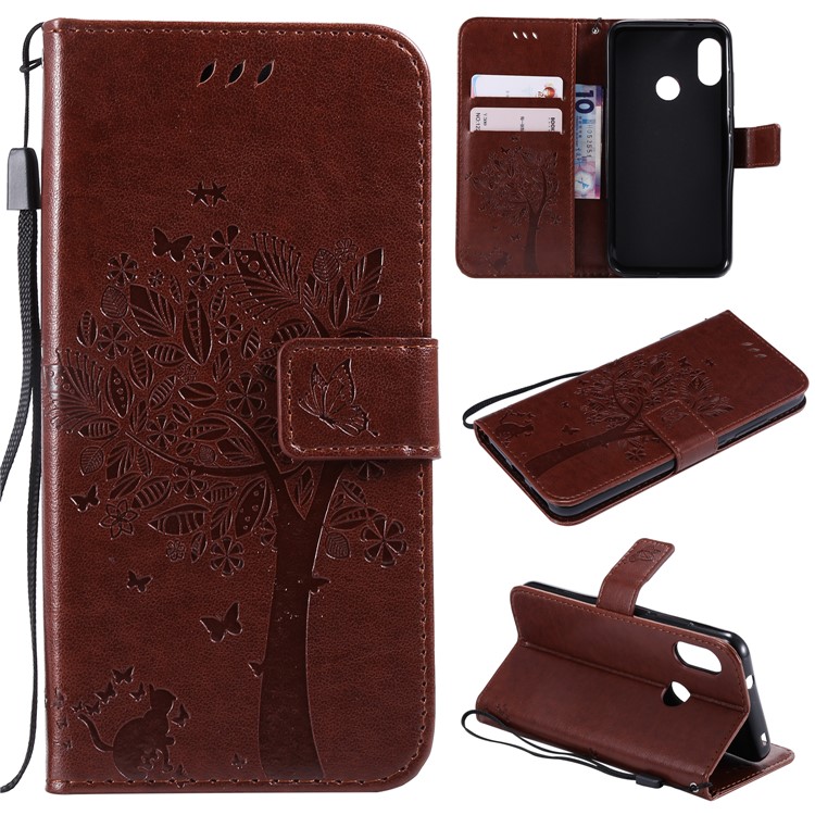 Imprint Cat and Tree Wallet Leather Mobile Phone Shell with Stand for Xiaomi Mi A2 Lite / Redmi 6 Pro (China) - Brown-1