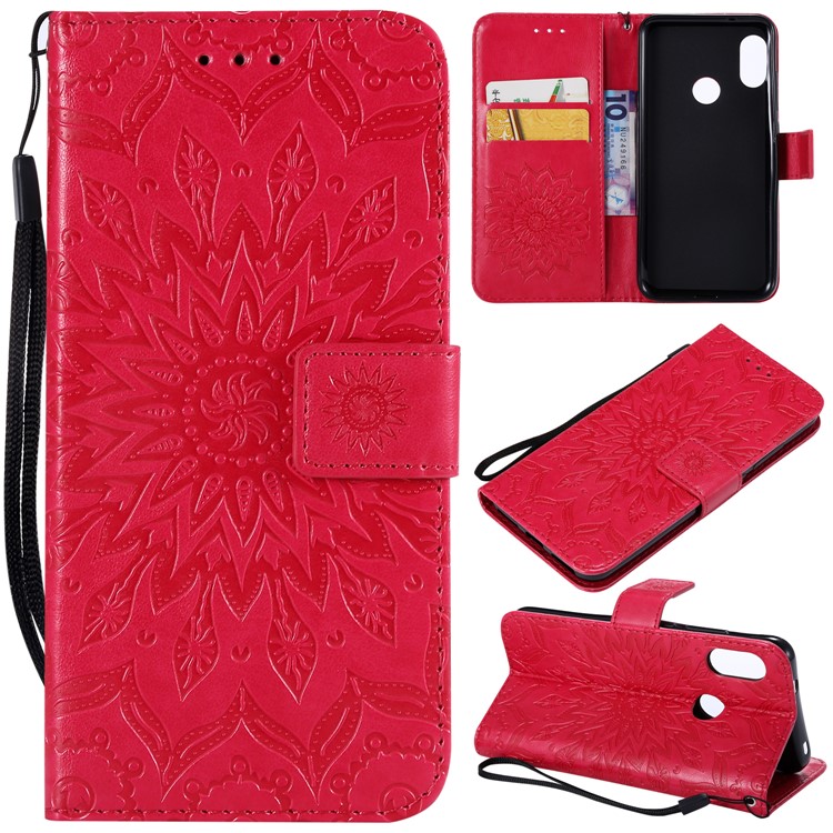 Imprint Sunflower PU Leather Wallet Magnetic Stand Shell for Xiaomi Mi A2 Lite / Redmi 6 Pro - Red-1