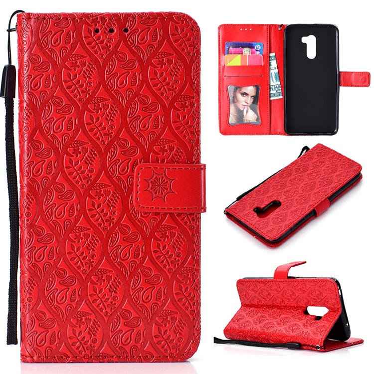 Imprint Leaf Wallet Leather Stand Cover for Xiaomi Pocophone F1 / Poco F1 - Red-1