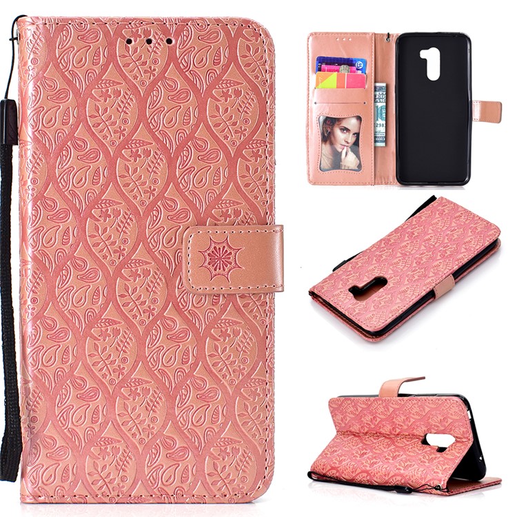 Imprint Leaf Wallet Leather Stand Protection Shell for Xiaomi Pocophone F1 / Poco F1 - Pink-1