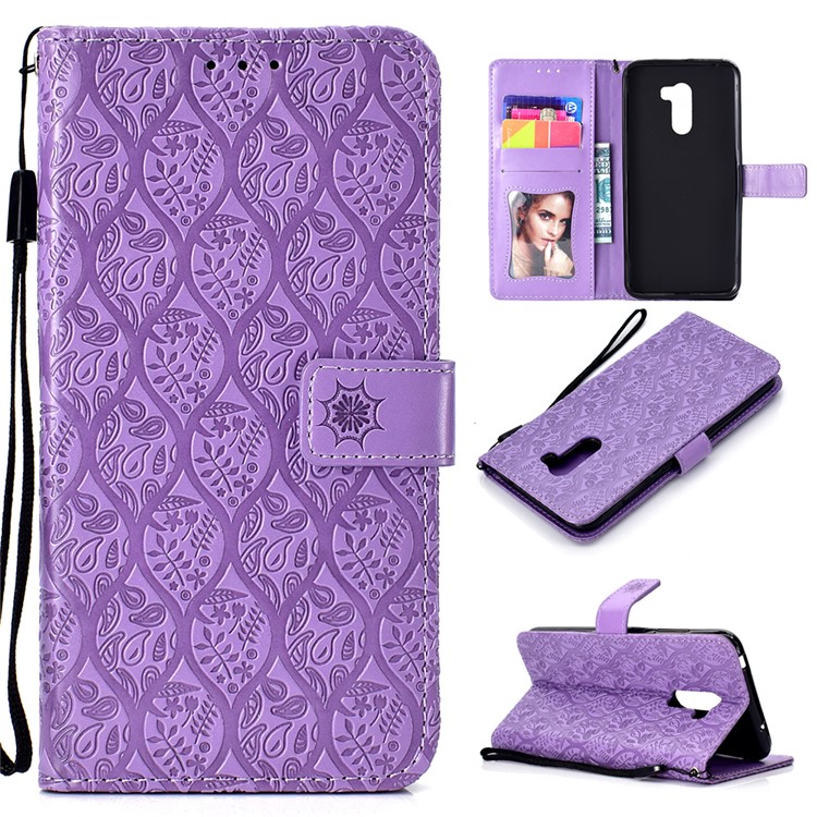 Imprint Leaf Wallet Stand Flip Phone Cover for Xiaomi Pocophone F1 / Poco F1 - Purple-1