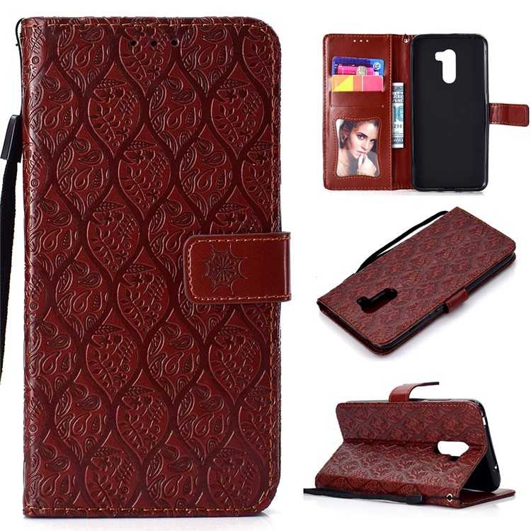 Imprint Leaf Wallet Stand Leather Protective Case for Xiaomi Pocophone F1 / Poco F1 - Brown-1