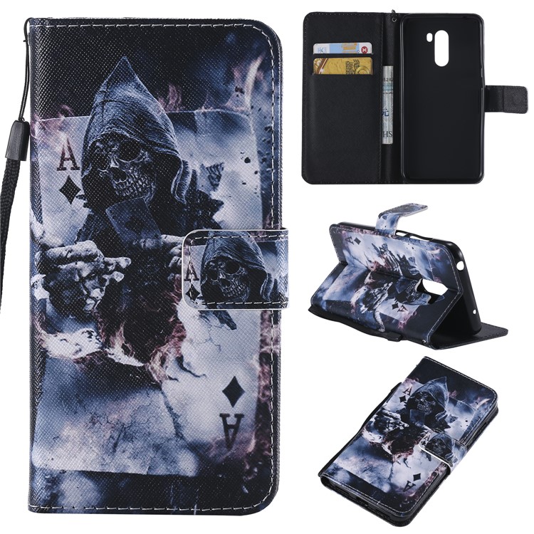 Pattern Printing Wallet Stand Magnetic Leather Flip Cell Phone Case for Xiaomi Pocophone F1 / Poco F1 (India) - Skull in Poker-1