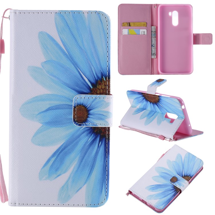 Pattern Printing Wallet Stand Magnetic Leather Flip Case with Strap for Xiaomi Pocophone F1 / Poco F1 (India) - Blue Flower-1