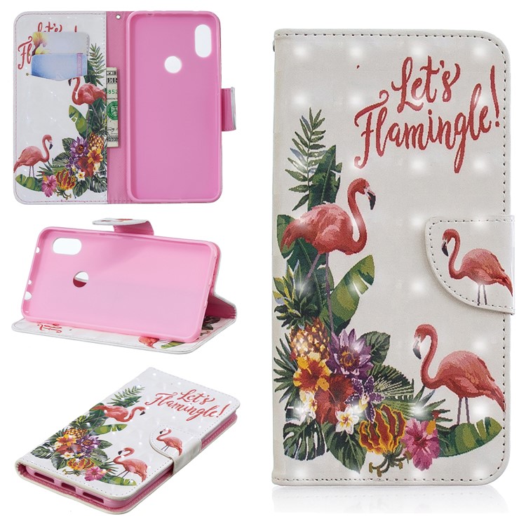 Pattern Printing Card Holder Leather Cellphone Case for Xiaomi Redmi Note 6 Pro - Flamingo-1
