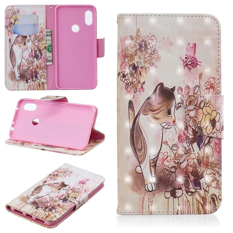 Pattern Printing Card Holder Leather Cellphone Cover for Xiaomi Redmi Note 6 Pro - Cat and Flower-1
