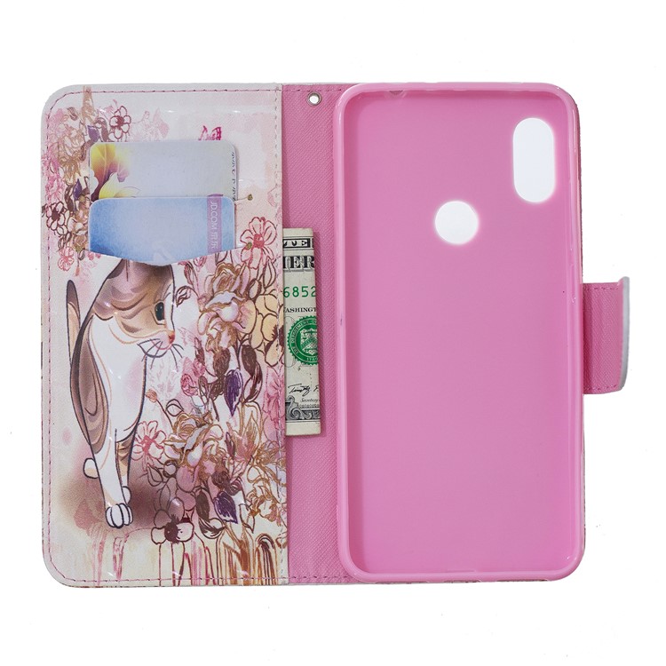 Pattern Printing Card Holder Leather Cellphone Cover for Xiaomi Redmi Note 6 Pro - Cat and Flower-6