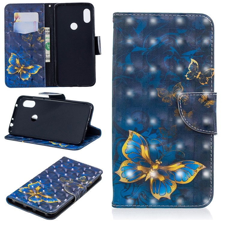 Pattern Printing Leather Case Cover with Card Slots for Xiaomi Redmi Note 6 Pro - Gold and Blue Butterfly-1
