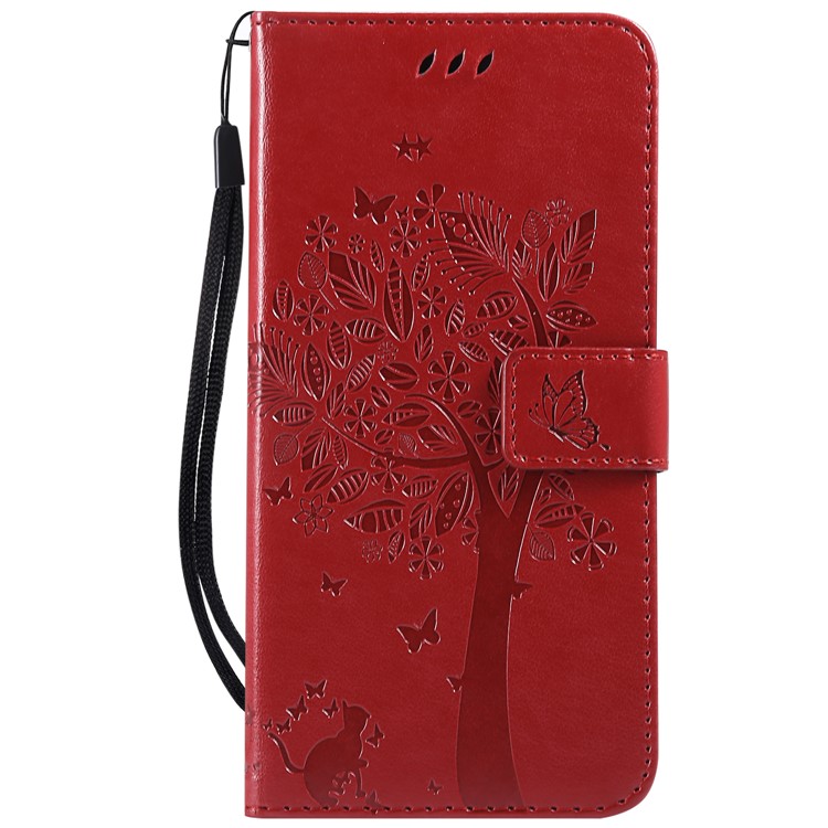 Imprint Cat and Tree PU Leather Flip Cover with Stand for Xiaomi Redmi Note 6 Pro - Red-2