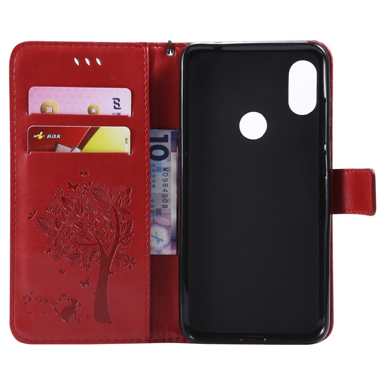 Imprint Cat and Tree PU Leather Flip Cover with Stand for Xiaomi Redmi Note 6 Pro - Red-4