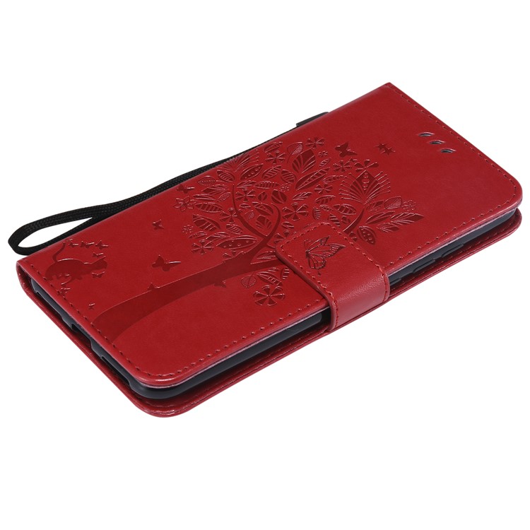 Imprint Cat and Tree PU Leather Flip Cover with Stand for Xiaomi Redmi Note 6 Pro - Red-5