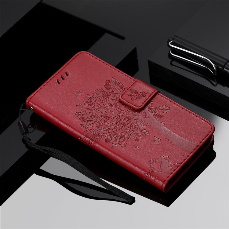 Imprint Cat and Tree PU Leather Flip Cover with Stand for Xiaomi Redmi Note 6 Pro - Red-8
