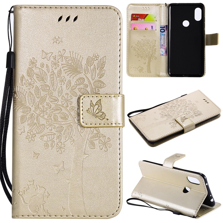 Imprint Cat and Tree Card Holder Leather Cell Phone Case for Xiaomi Redmi Note 6 Pro - Gold-1