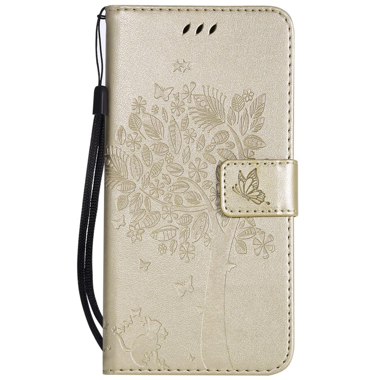Imprint Cat and Tree Card Holder Leather Cell Phone Case for Xiaomi Redmi Note 6 Pro - Gold-2
