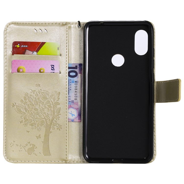 Imprint Cat and Tree Card Holder Leather Cell Phone Case for Xiaomi Redmi Note 6 Pro - Gold-4