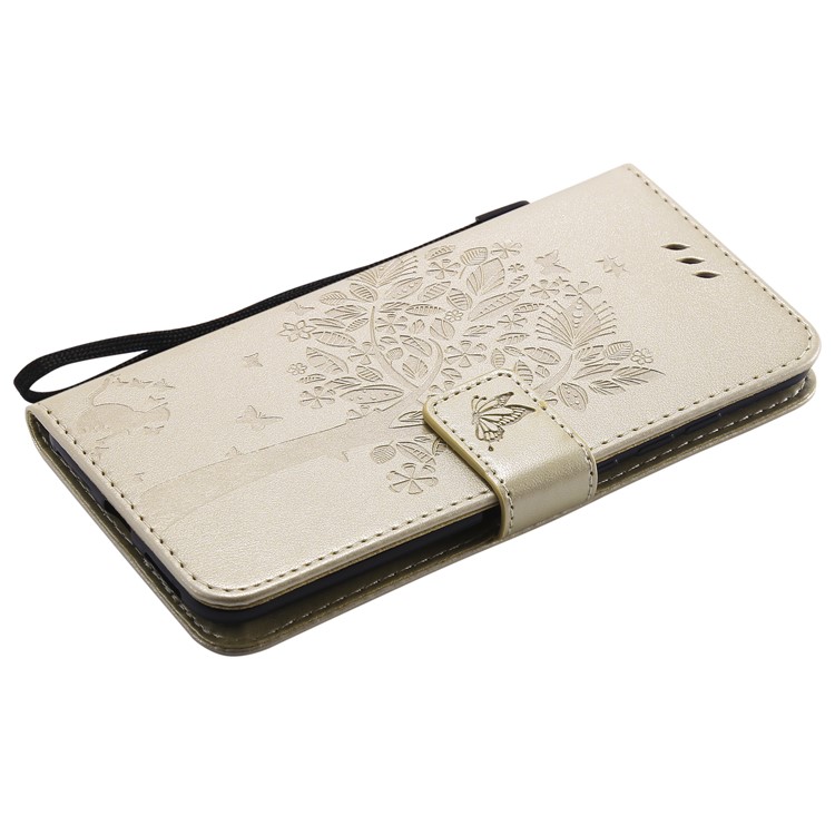 Imprint Cat and Tree Card Holder Leather Cell Phone Case for Xiaomi Redmi Note 6 Pro - Gold-5