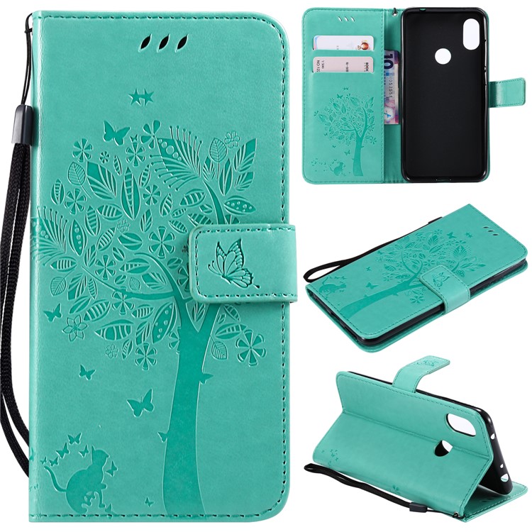 Imprint Cat and Tree Card Holder Leather Cell Phone Cover for Xiaomi Redmi Note 6 Pro - Cyan-1
