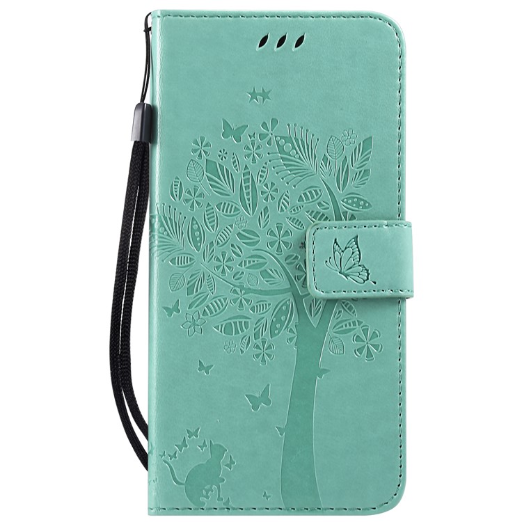 Imprint Cat and Tree Card Holder Leather Cell Phone Cover for Xiaomi Redmi Note 6 Pro - Cyan-2