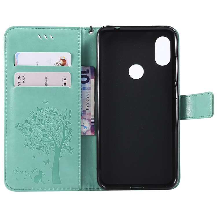 Imprint Cat and Tree Card Holder Leather Cell Phone Cover for Xiaomi Redmi Note 6 Pro - Cyan-4