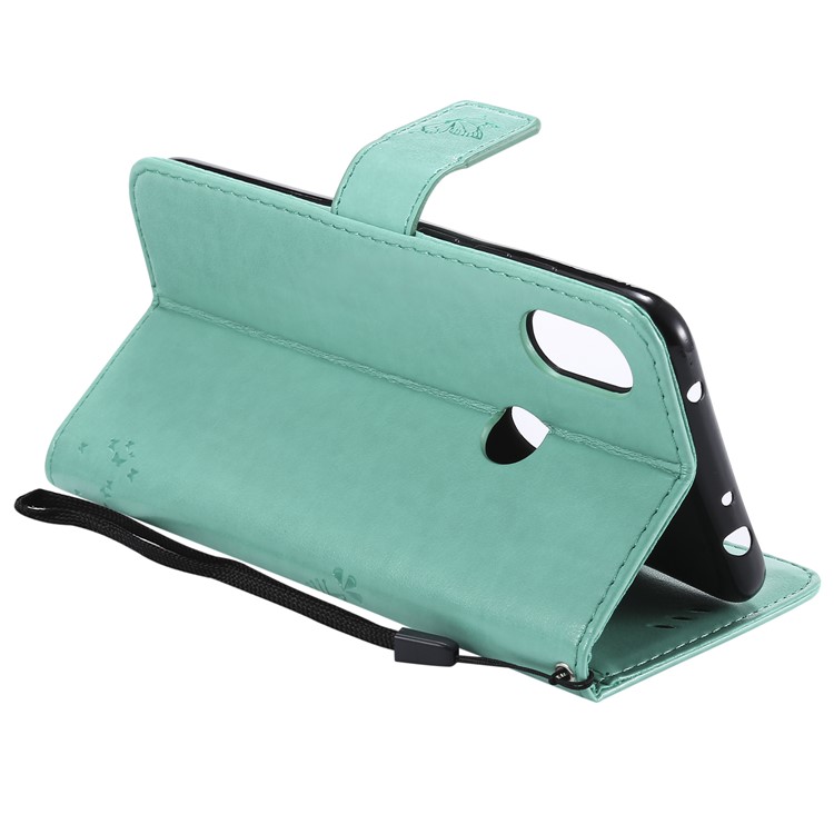 Imprint Cat and Tree Card Holder Leather Cell Phone Cover for Xiaomi Redmi Note 6 Pro - Cyan-7