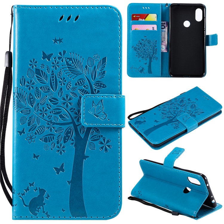 For Xiaomi Redmi Note 6 Pro Imprint Cat and Tree Card Holder Leather Cell Phone Shell - Blue-1