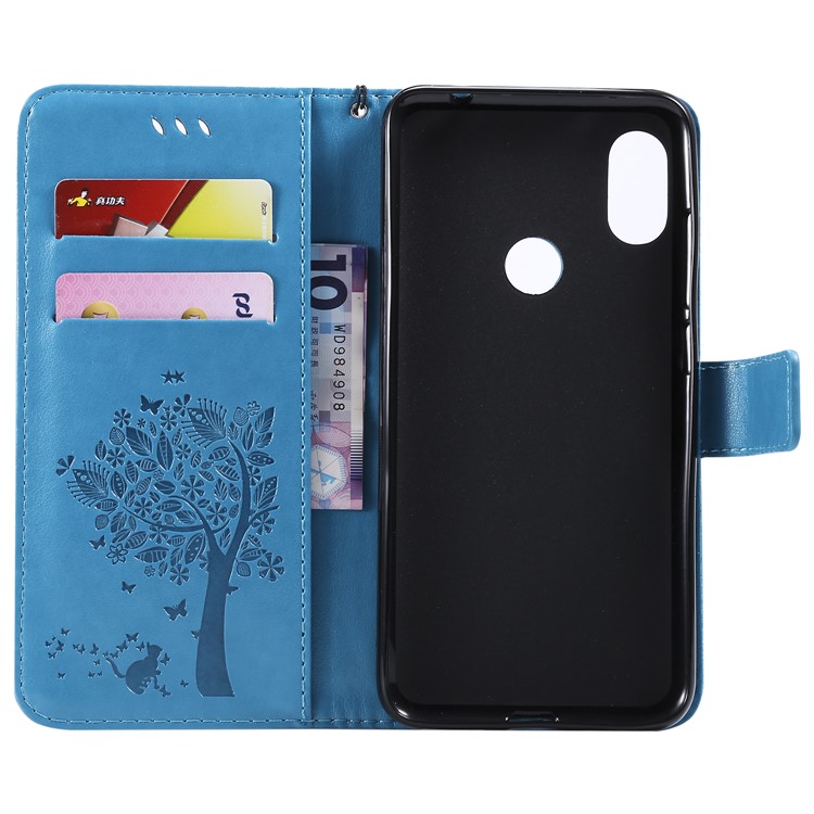 For Xiaomi Redmi Note 6 Pro Imprint Cat and Tree Card Holder Leather Cell Phone Shell - Blue-4