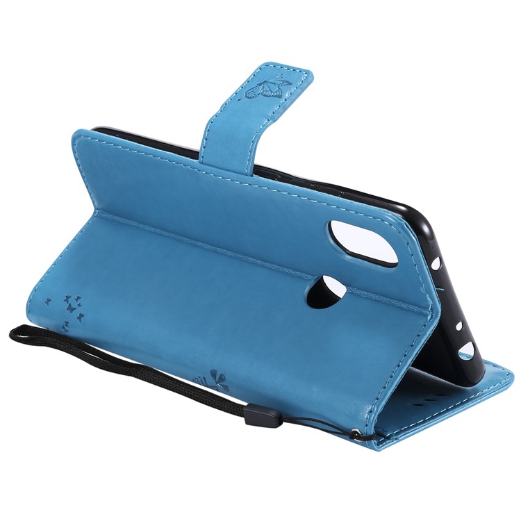 For Xiaomi Redmi Note 6 Pro Imprint Cat and Tree Card Holder Leather Cell Phone Shell - Blue-7