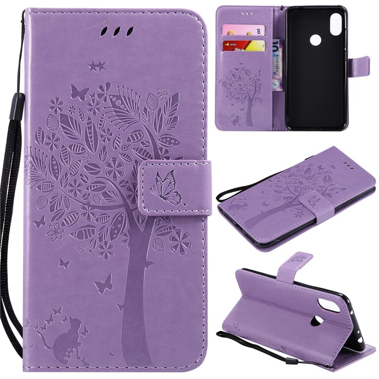 Imprint Cat and Tree PU Leather Protection Mobile Case for Xiaomi Redmi Note 6 Pro - Light Purple-1