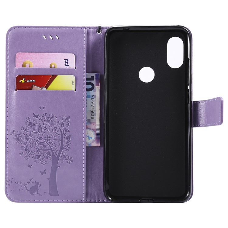 Imprint Cat and Tree PU Leather Protection Mobile Case for Xiaomi Redmi Note 6 Pro - Light Purple-4