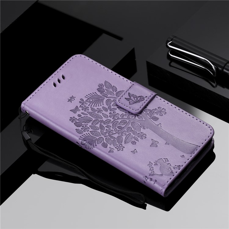 Imprint Cat and Tree PU Leather Protection Mobile Case for Xiaomi Redmi Note 6 Pro - Light Purple-8