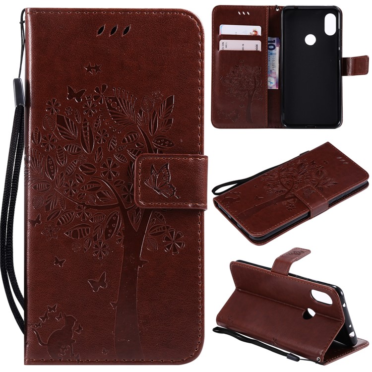 Imprint Cat and Tree PU Leather Folio Flip Mobile Shell for Xiaomi Redmi Note 6 Pro - Brown-1