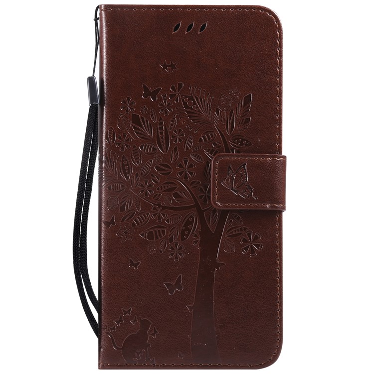 Imprint Cat and Tree PU Leather Folio Flip Mobile Shell for Xiaomi Redmi Note 6 Pro - Brown-2