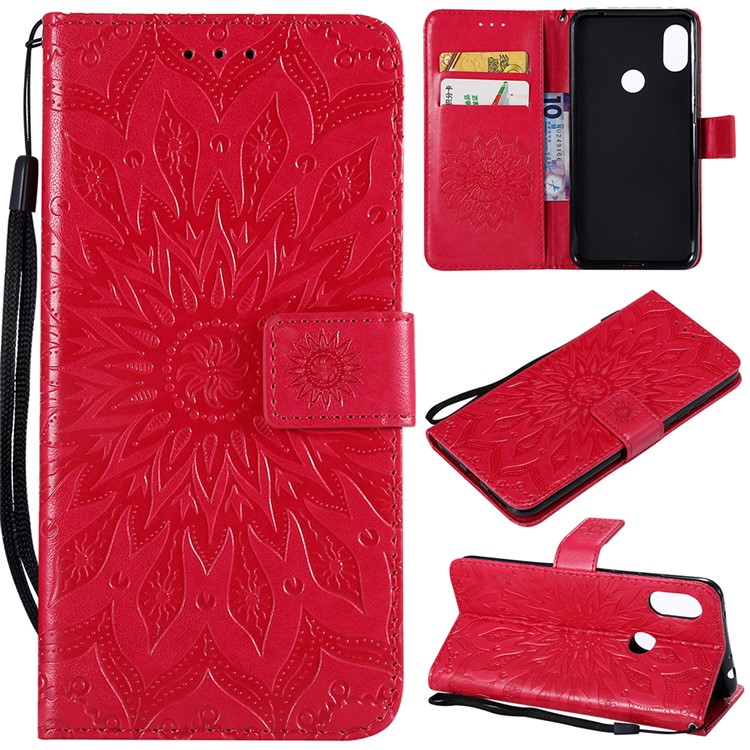 Imprint Sunflower Wallet Leather Stand Cover for Xiaomi Redmi Note 6 Pro - Red-1