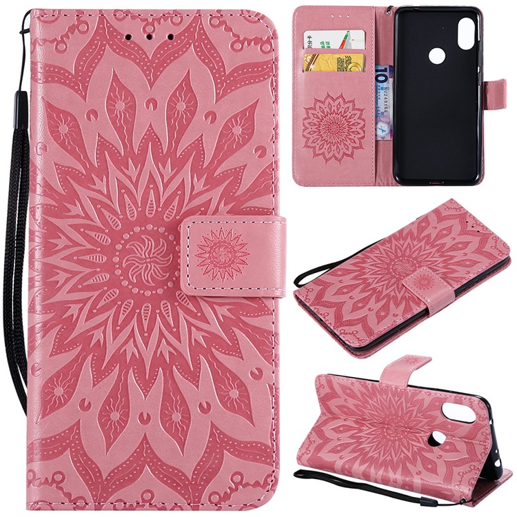 Imprint Sunflower Leather Wallet Case for Xiaomi Redmi Note 6 Pro - Pink-1