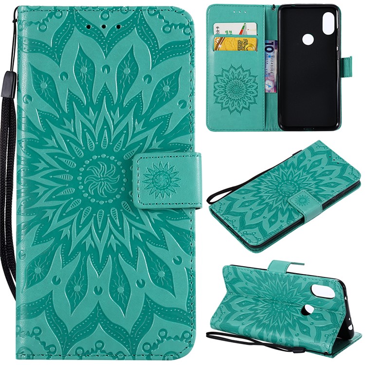 Imprint Sunflower Leather Wallet Cover for Xiaomi Redmi Note 6 Pro - Cyan-1