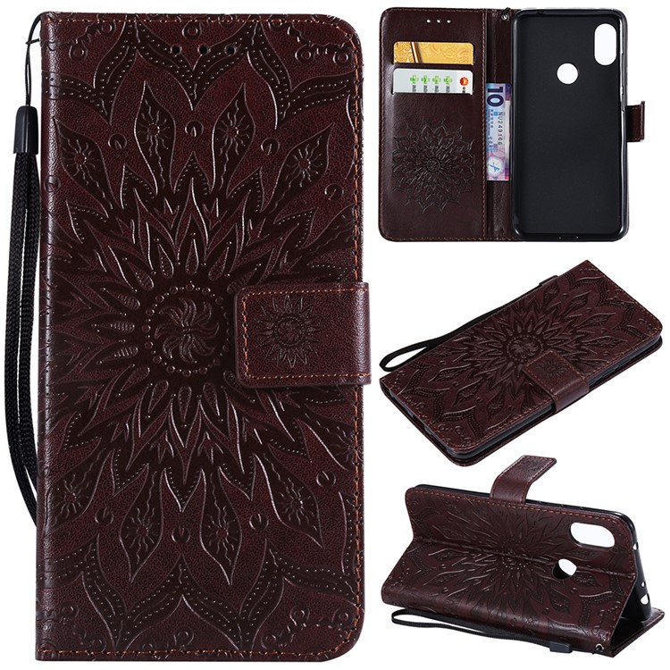 Imprint Sunflower Leather Stand Cover with Card Slots for Xiaomi Redmi Note 6 Pro - Brown-1