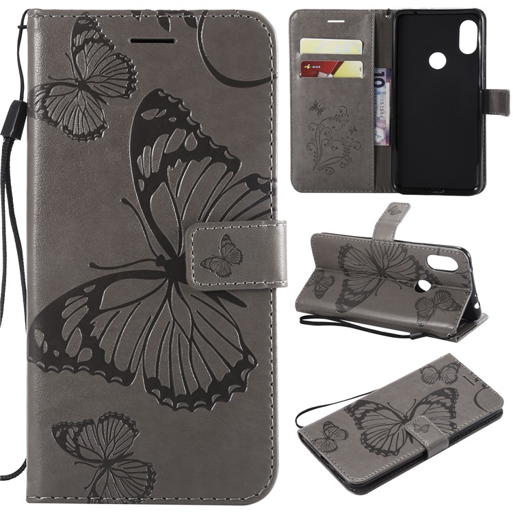 Imprint Butterfly Leather Wallet Case for Xiaomi Redmi Note 6 Pro - Grey-1