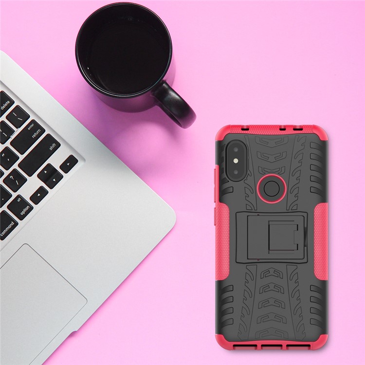 Anti-slip Tyre Pattern Hybrid Phone Case with Kickstand for Xiaomi Redmi Note 6 Pro - Red-10