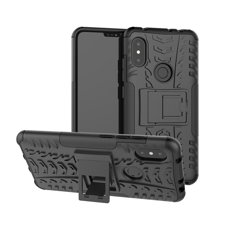 Anti-slip Tyre Pattern Hybrid Shell with Kickstand for Xiaomi Redmi Note 6 Pro - Black-1