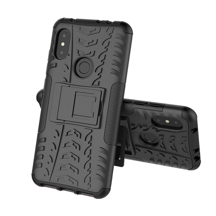 Anti-slip Tyre Pattern Hybrid Shell with Kickstand for Xiaomi Redmi Note 6 Pro - Black-7