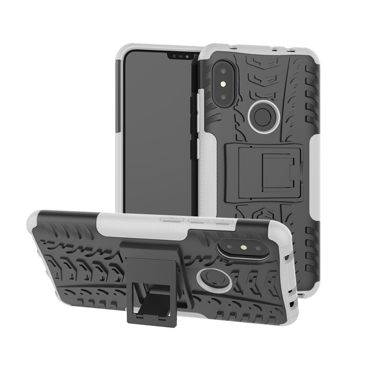 Anti-slip Tyre Pattern Hybrid Mobile Phone Cover with Kickstand for Xiaomi Redmi Note 6 Pro - White-1