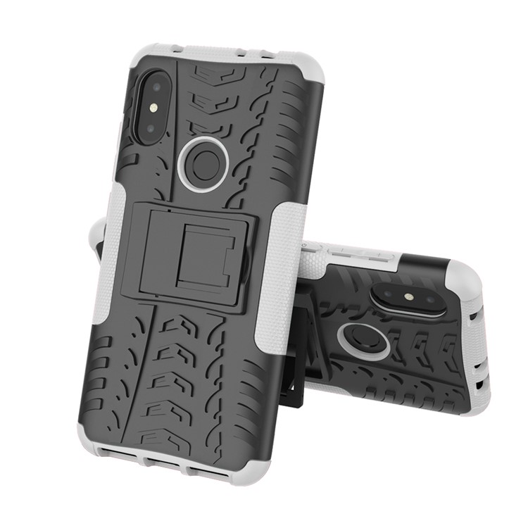 Anti-slip Tyre Pattern Hybrid Mobile Phone Cover with Kickstand for Xiaomi Redmi Note 6 Pro - White-7