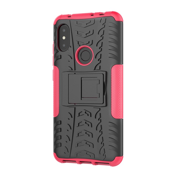 Anti-slip Tyre Pattern PC TPU Combo Case with Kickstand for Xiaomi Redmi Note 6 Pro - Rose-2