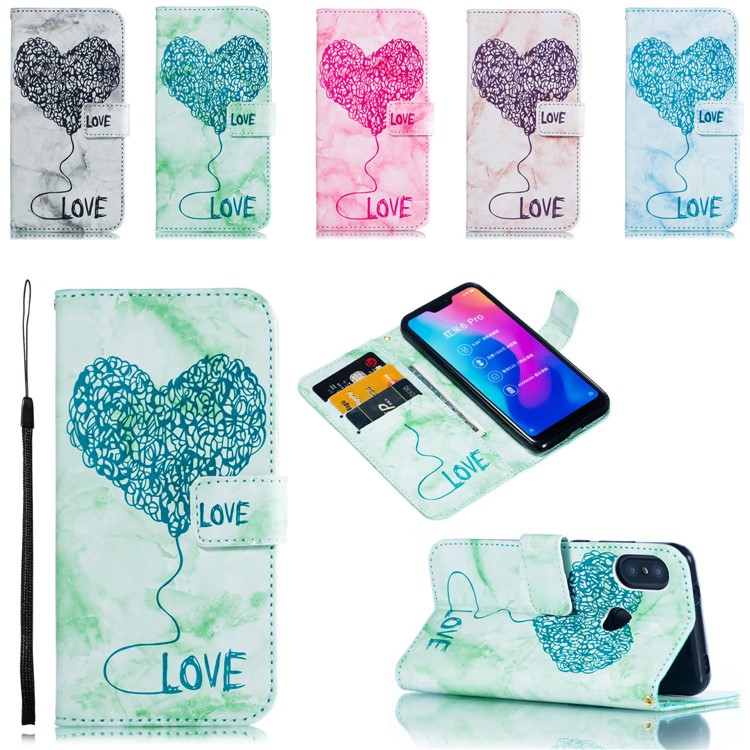 For Xiaomi Mi A2 Lite / Redmi 6 Pro Imprinted Lover Heart Marble Pattern PU Leather Flip Case - Black-9