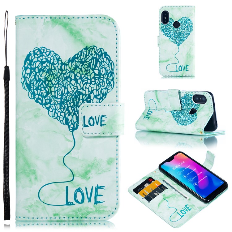 For Xiaomi Mi A2 Lite / Redmi 6 Pro Imprinted Lover Heart Marble Pattern Wallet Leather Mobile Phone Case - Green-1