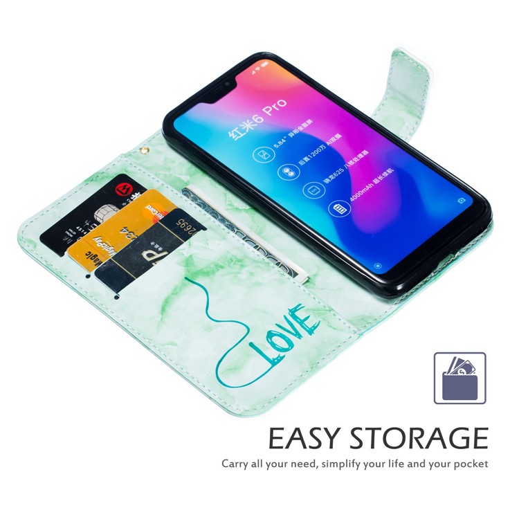 For Xiaomi Mi A2 Lite / Redmi 6 Pro Imprinted Lover Heart Marble Pattern Wallet Leather Mobile Phone Case - Green-6