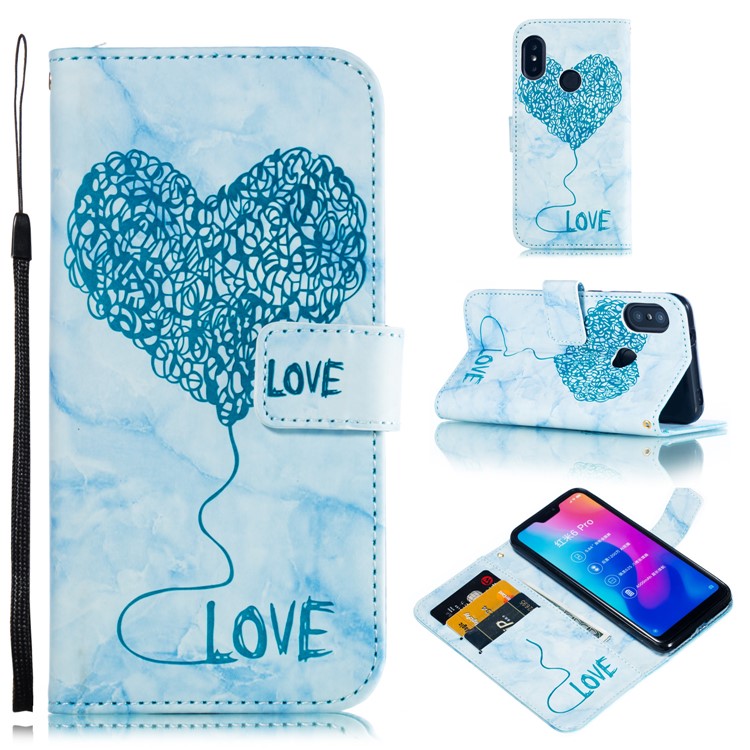 For Xiaomi Mi A2 Lite / Redmi 6 Pro Imprinted Lover Heart Marble Pattern Leather Mobile Phone Cover Shell with Card Slots - Blue-1
